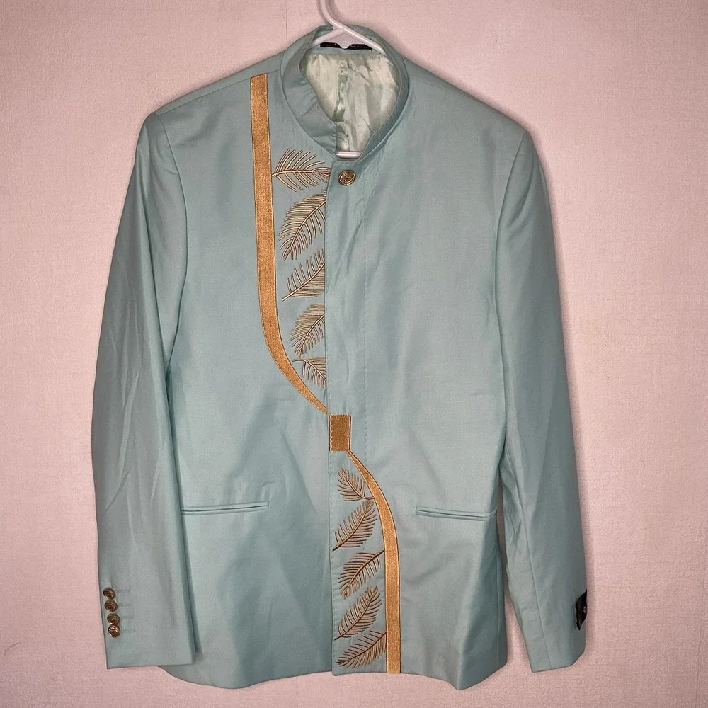 Fonte Mint Green Wool Blazer Mens Size 48 Gold‎ Embroidery Mandarin Stand Collar